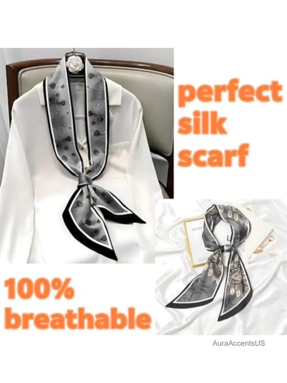 2 Pack Silk Feeling Satin Scarf for Hair Neck Handbag Decoration